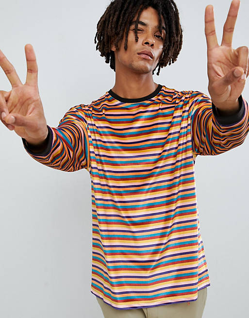 ASOS DESIGN relaxed velour stripe long sleeve t-shirt in retro colors with  contrast rib