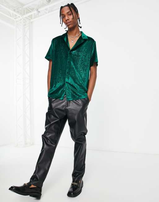 ASOS DESIGN relaxed velvet shirt with embossed snake print in green