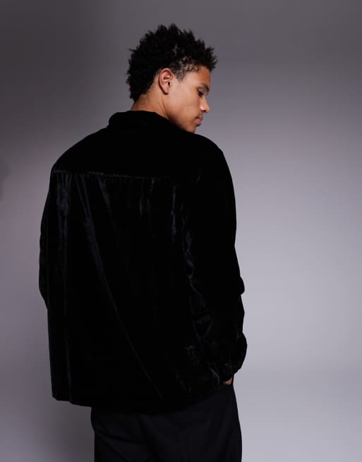 ASOS DESIGN relaxed velvet shirt with floral embroidery in black, 3 of 5