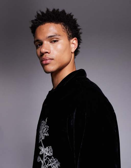 ASOS DESIGN relaxed velvet shirt with floral embroidery in black, 4 of 5