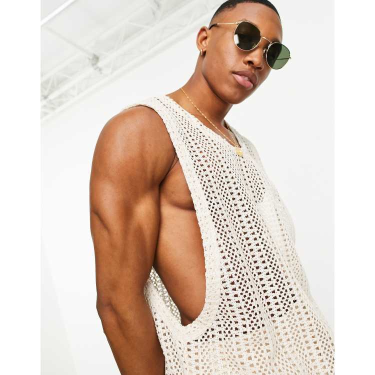 ASOS DESIGN relaxed vest in beige crochet fabric