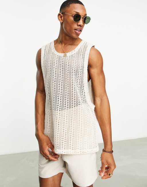 ASOS DESIGN relaxed vest in beige crochet fabric