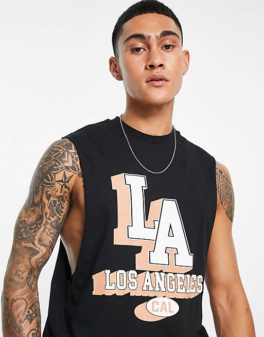 ASOS DESIGN relaxed vest in black with LA front print | ASOS