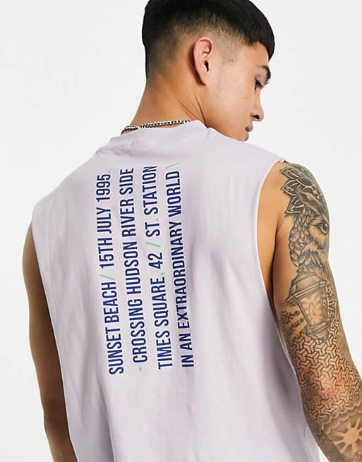 ASOS DESIGN relaxed vest in purple organic cotton with text back print