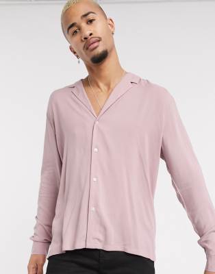 ASOS DESIGN relaxed viscose shirt with low revere collar in dusty pink