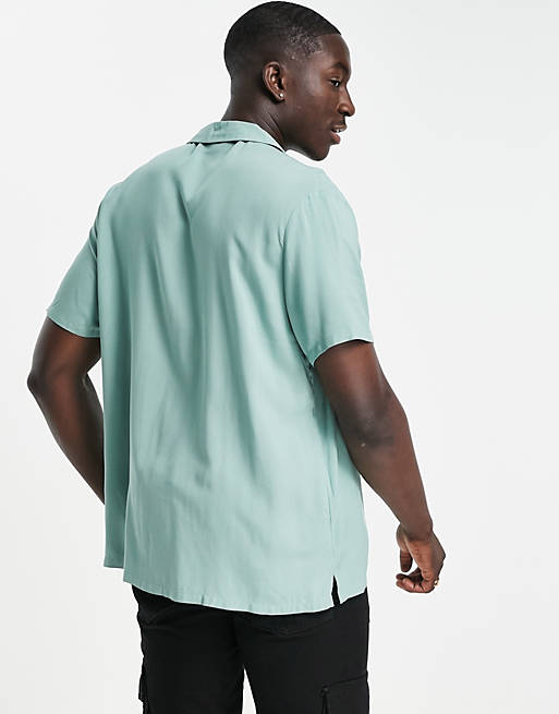 Men relaxed viscose shirt with revere collar in light teal 