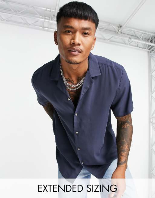 ASOS DESIGN relaxed viscose shirt with revere collar in navy | ASOS