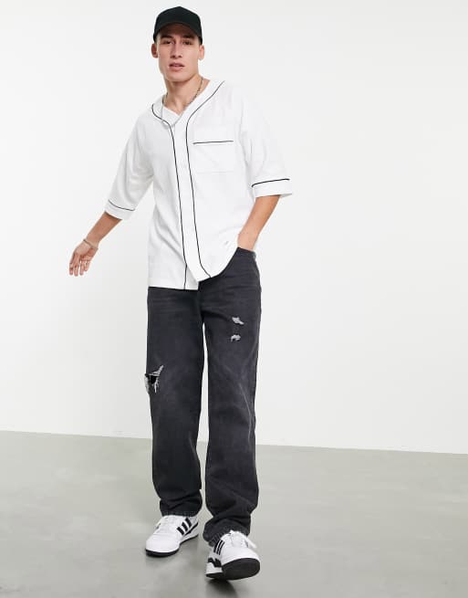 ASOS DESIGN relaxed waffle baseball shirt in cream with contrast black piping, 4 of 4