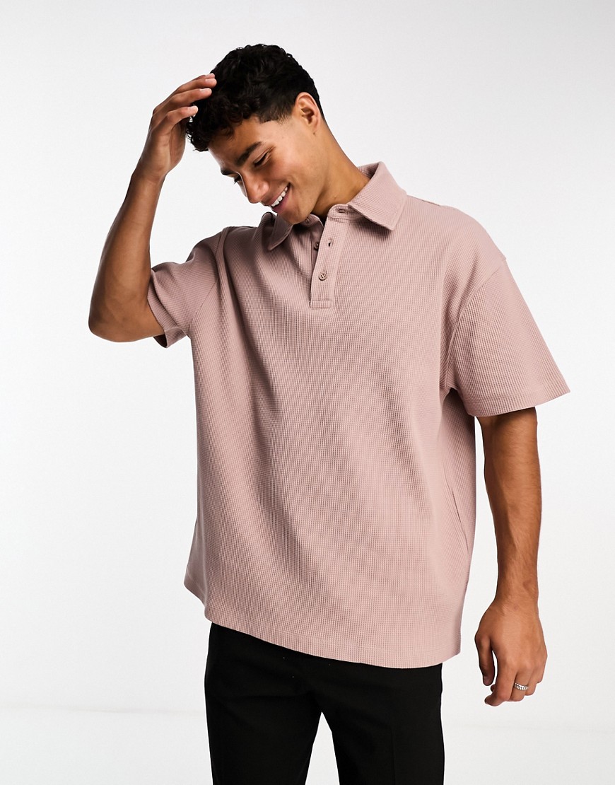 ASOS DESIGN relaxed waffle polo in washed brown
