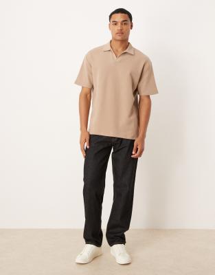 Asos Design Relaxed Waffle Revere Polo In Neutral