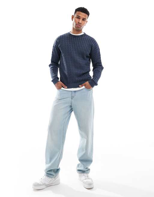 ASOS DESIGN relaxed washed knit cable knit sweater in navy
