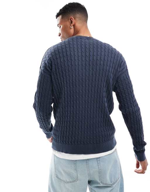 ASOS DESIGN relaxed washed knit cable knit sweater in navy