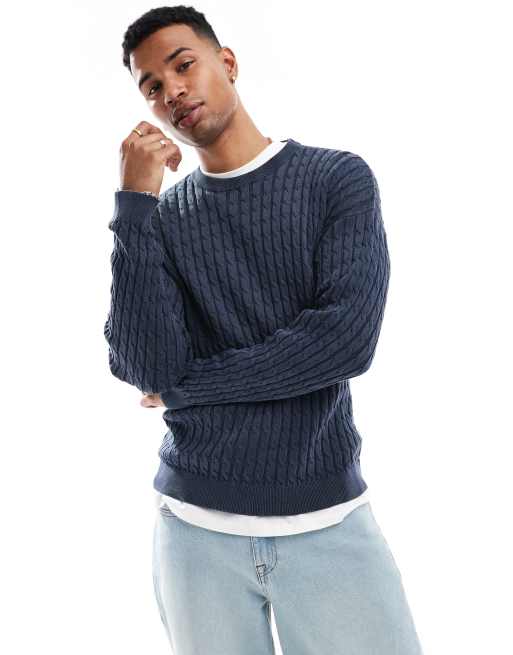 Cable Knit Sweater Mens Blue Wool Jumper ASOS DESIGN Relaxed