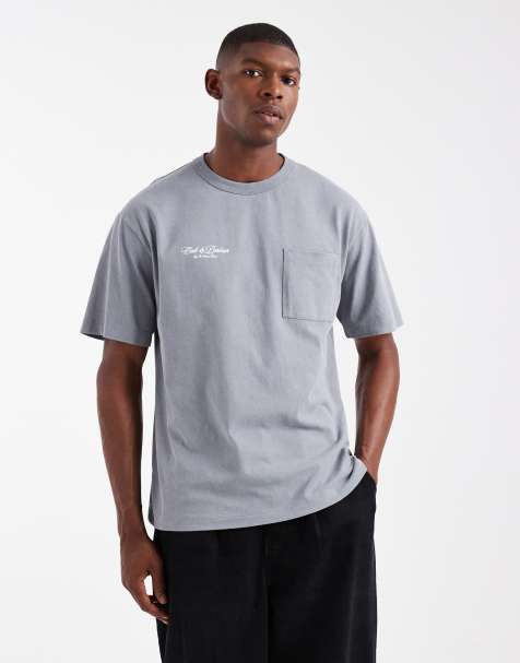 ASOS DESIGN relaxed washed pocket tee with chest embroidery in gray - view 1