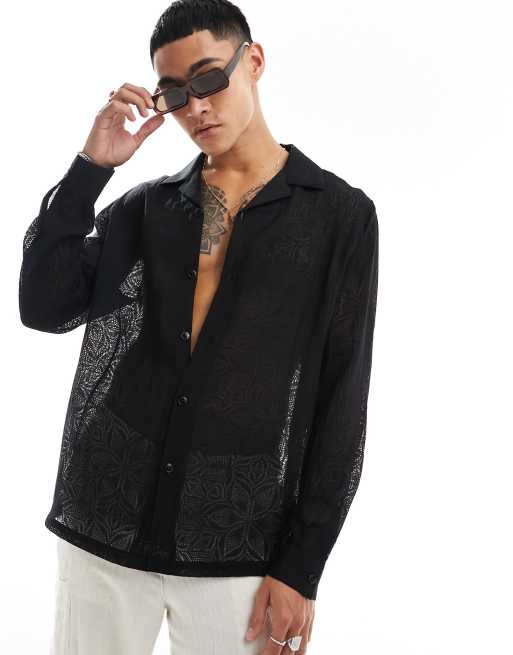 ASOS DESIGN relaxed wide camp collar shirt in floral burnout in black
