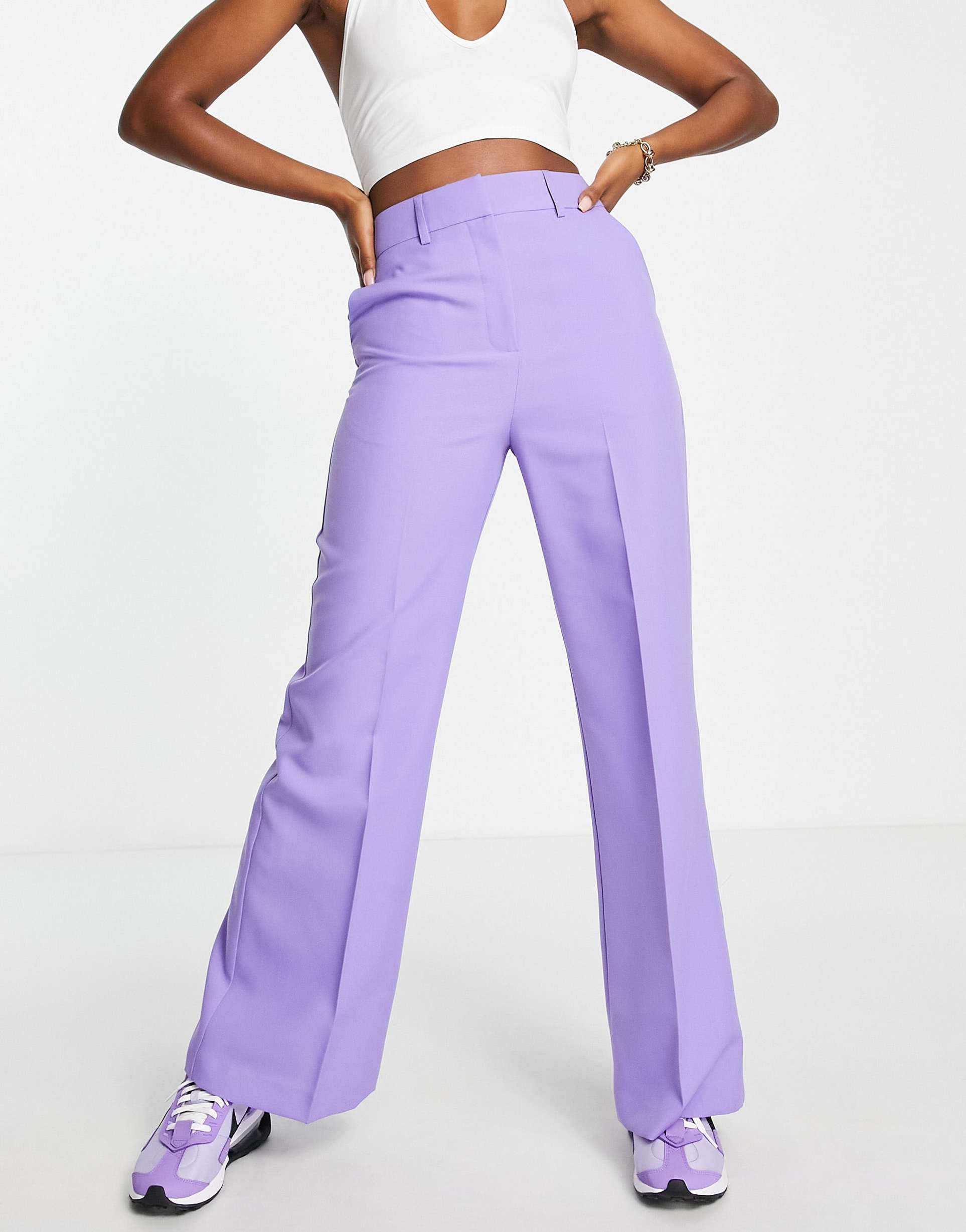 asos design relaxed wide leg flare pants in lilac