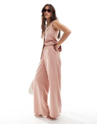 Asos Design Relaxed Wide Leg Pants In Pink Brushed Stripe - Part Of A Set-multi