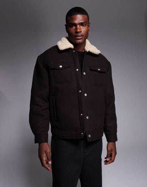 ASOS DESIGN relaxed wool look harrington jacket with borg lining in brown - view 1