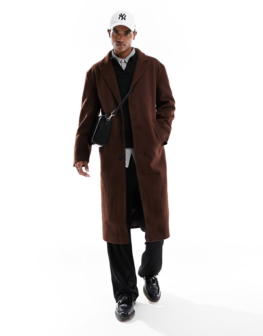 Asos Design Relaxed Wool Look Overcoat In Brown