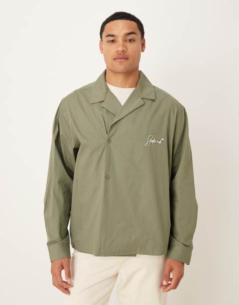 ASOS DESIGN relaxed wrap around shirt with embroidery in khaki - view 1