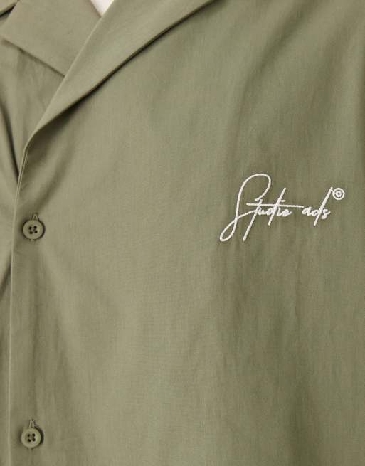 ASOS DESIGN relaxed wrap around shirt with embroidery in khaki, 5 of 5