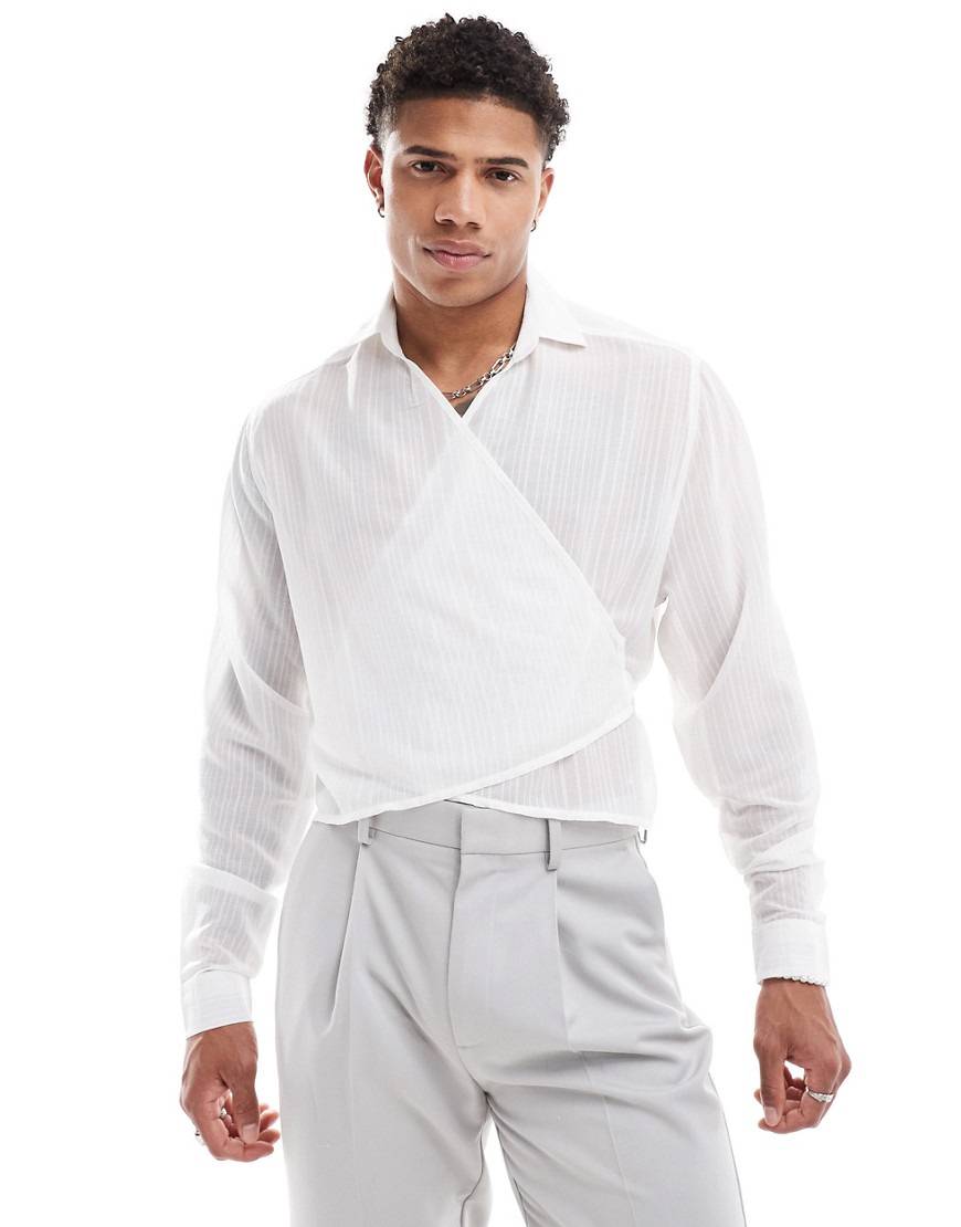 ASOS DESIGN relaxed wrap shirt in sheer stripe in white