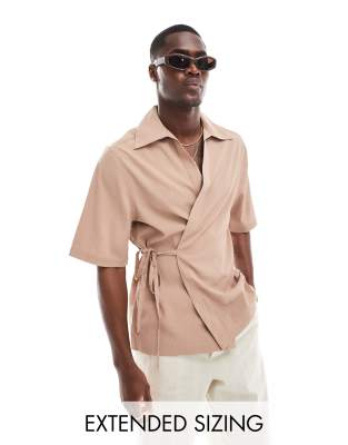 Asos Design Relaxed Wraparound Textured Shirt In Dusty Pink