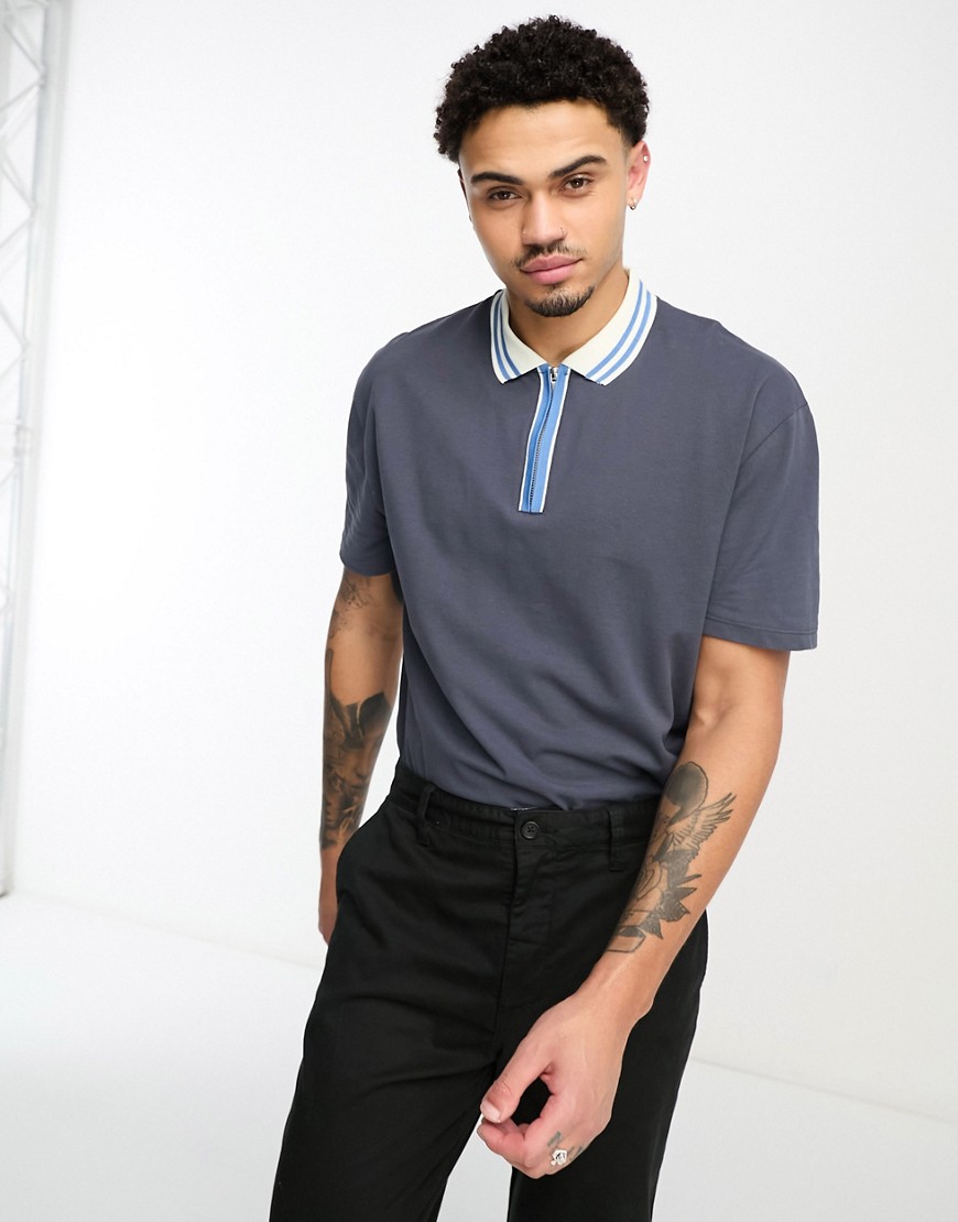 ASOS DESIGN relaxed zip polo with contrast placket in navy