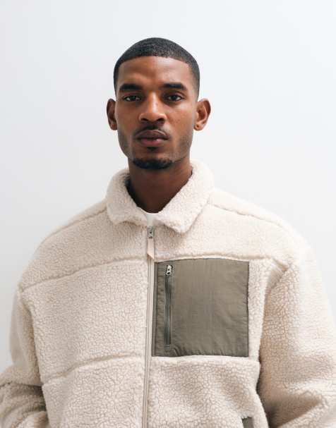 ASOS DESIGN relaxed zip through borg jacket with cut and sew details in beige - view 1