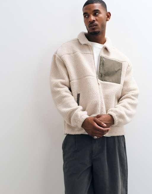 ASOS DESIGN relaxed zip through borg jacket with cut and sew details in beige, 2 of 5