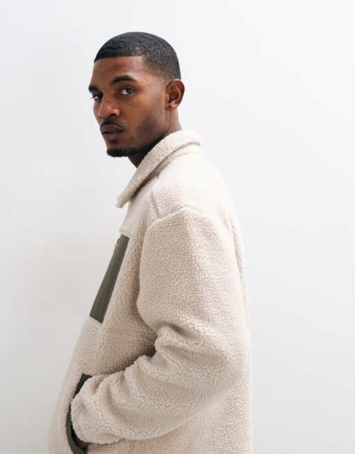 ASOS DESIGN relaxed zip through borg jacket with cut and sew details in beige, 3 of 5