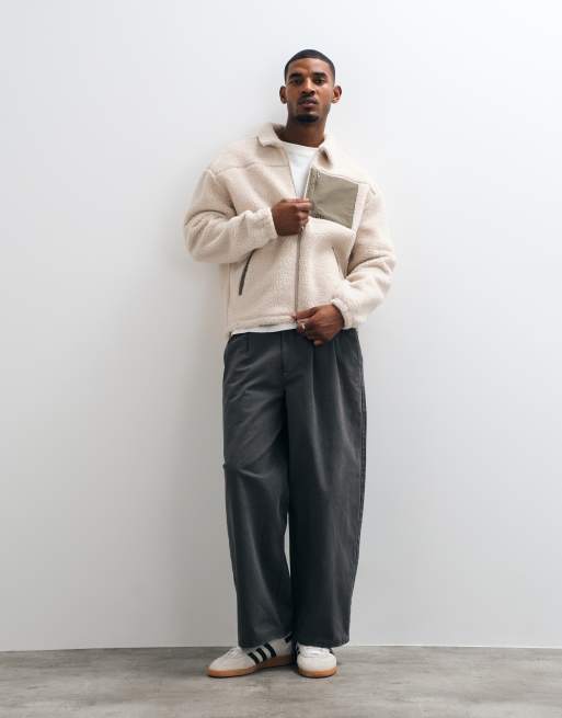 ASOS DESIGN relaxed zip through borg jacket with cut and sew details in beige, 4 of 5