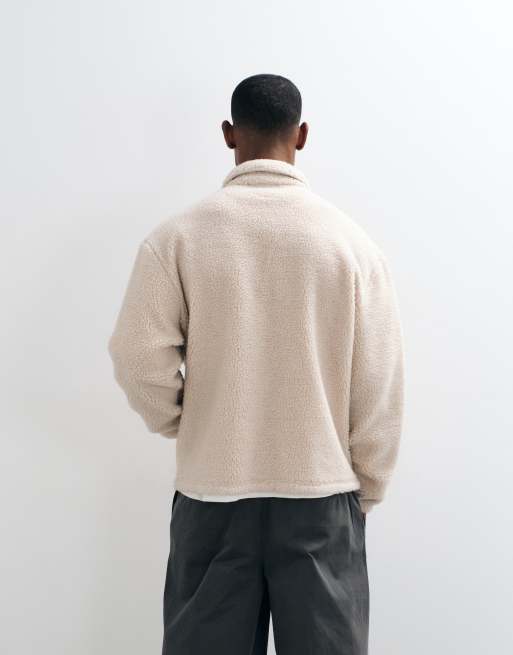 ASOS DESIGN relaxed zip through borg jacket with cut and sew details in beige, 5 of 5