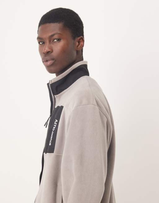 ASOS DESIGN relaxed zip-through fleece jacket with nylon pocket in grey , 4 of 5