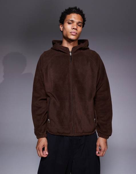 ASOS DESIGN relaxed zip through funnel neck fleece hoodie in brown - view 1