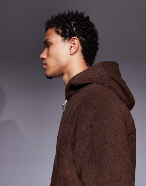 ASOS DESIGN relaxed zip through funnel neck fleece hoodie in brown, 4 of 5