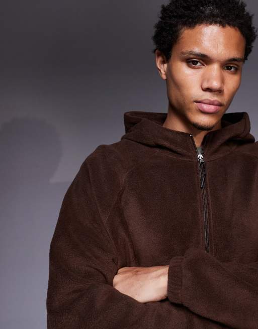 ASOS DESIGN relaxed zip through funnel neck fleece hoodie in brown, 5 of 5
