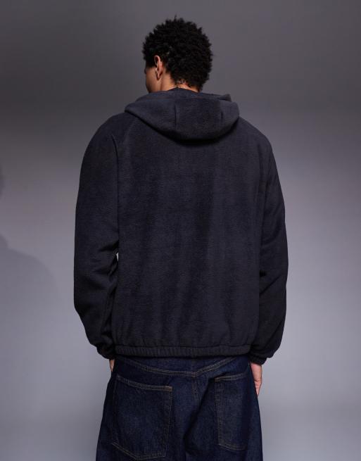 ASOS DESIGN relaxed zip through funnel neck fleece hoodie in charcoal , 3 of 5