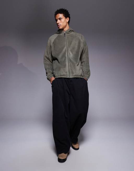 ASOS DESIGN relaxed zip through funnel neck fleece hoodie in green, 2 of 5