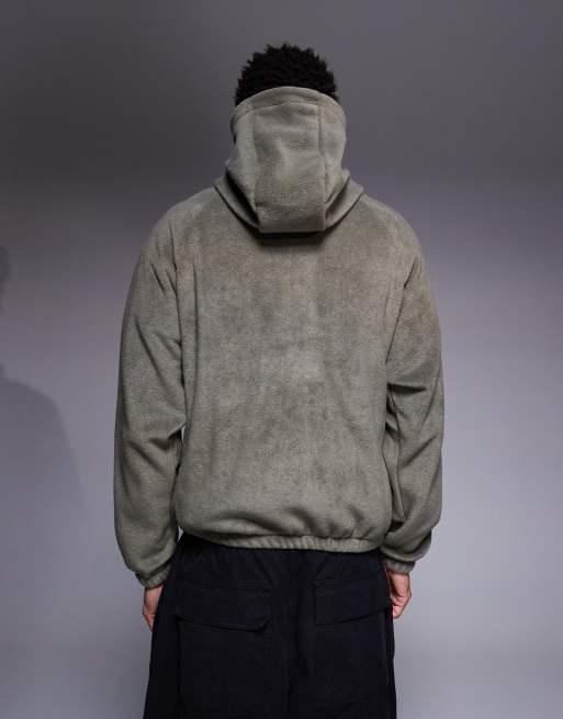 ASOS DESIGN relaxed zip through funnel neck fleece hoodie in green, 3 of 5