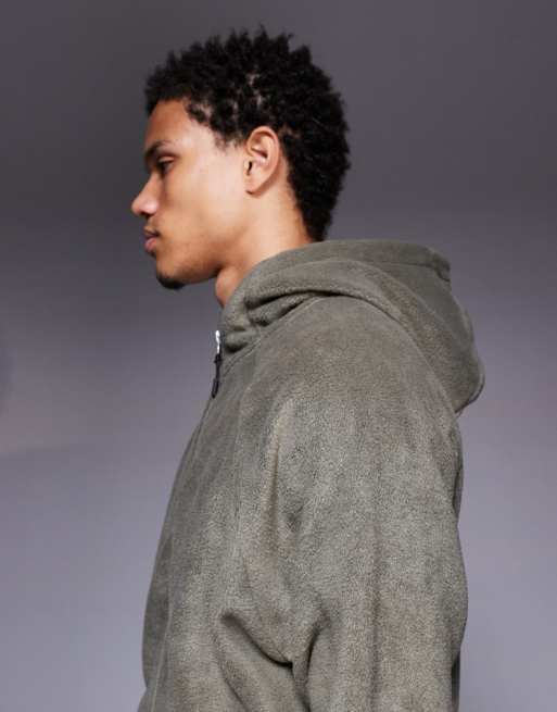 ASOS DESIGN relaxed zip through funnel neck fleece hoodie in green, 4 of 5