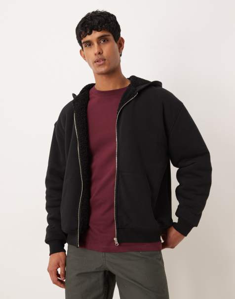 ASOS DESIGN relaxed zip through hoodie with borg lining in black - view 1
