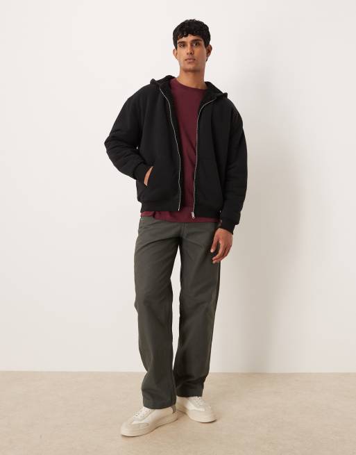ASOS DESIGN relaxed zip through hoodie with borg lining in black, 2 of 5
