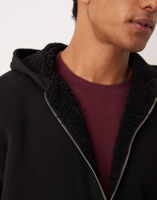 ASOS DESIGN relaxed zip through hoodie with borg lining in black, 5 of 5