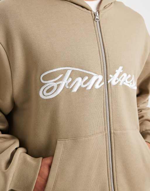 ASOS DESIGN relaxed zip through hoodie with embroidery print in beige, 5 of 5