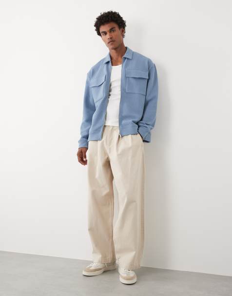 ASOS DESIGN relaxed zip through jacket in blue bubble herringbone - view 1