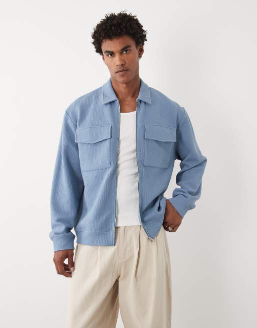 ASOS DESIGN relaxed zip through jacket in blue bubble herringbone, 2 of 5
