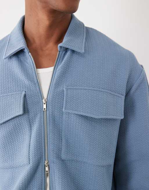 ASOS DESIGN relaxed zip through jacket in blue bubble herringbone, 3 of 5