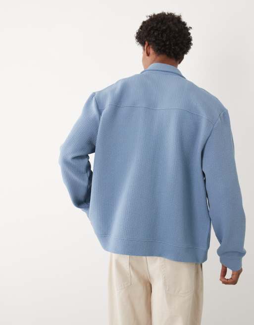 ASOS DESIGN relaxed zip through jacket in blue bubble herringbone, 5 of 5