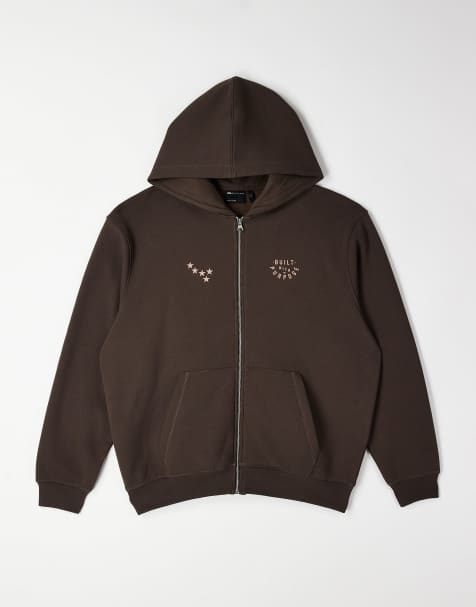 ASOS DESIGN relaxed zip through printed hoodie with contrast stitching in brown - view 1